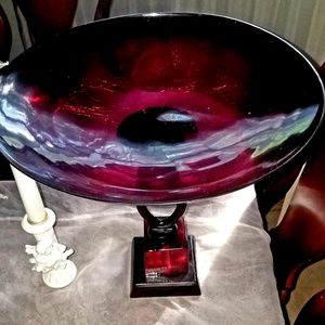 Expensive crackled cranberry glass pedestal center